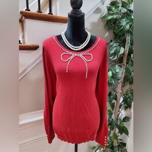 Elle Women Red Cotton Round Neck Long Sleeve Pullover Knit Sweater Size …